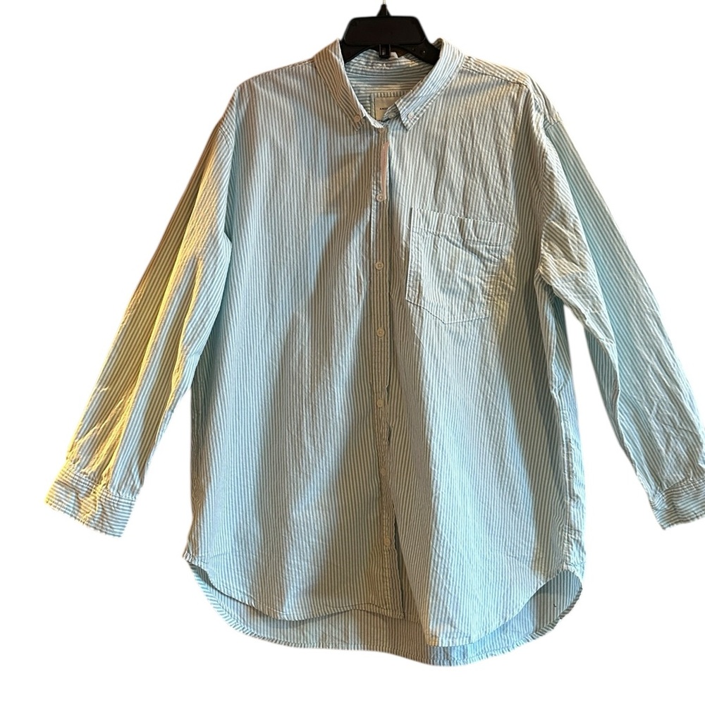 AEO Womens L Striped Button Down Shirt NWT Slouchy Beachy Oversized Green White